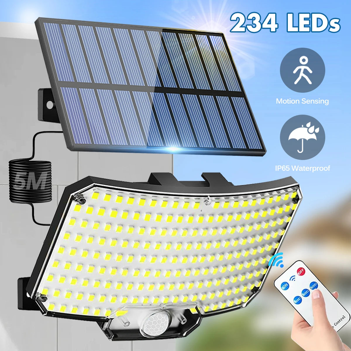 Lampada solare 234 LED esterno, sensore movimento, 3 modalità, telecomando, IP65
