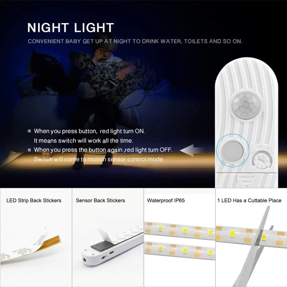 Striscia LED 5V con Sensore PIR, luce notturna a batteria per armadi e ambienti