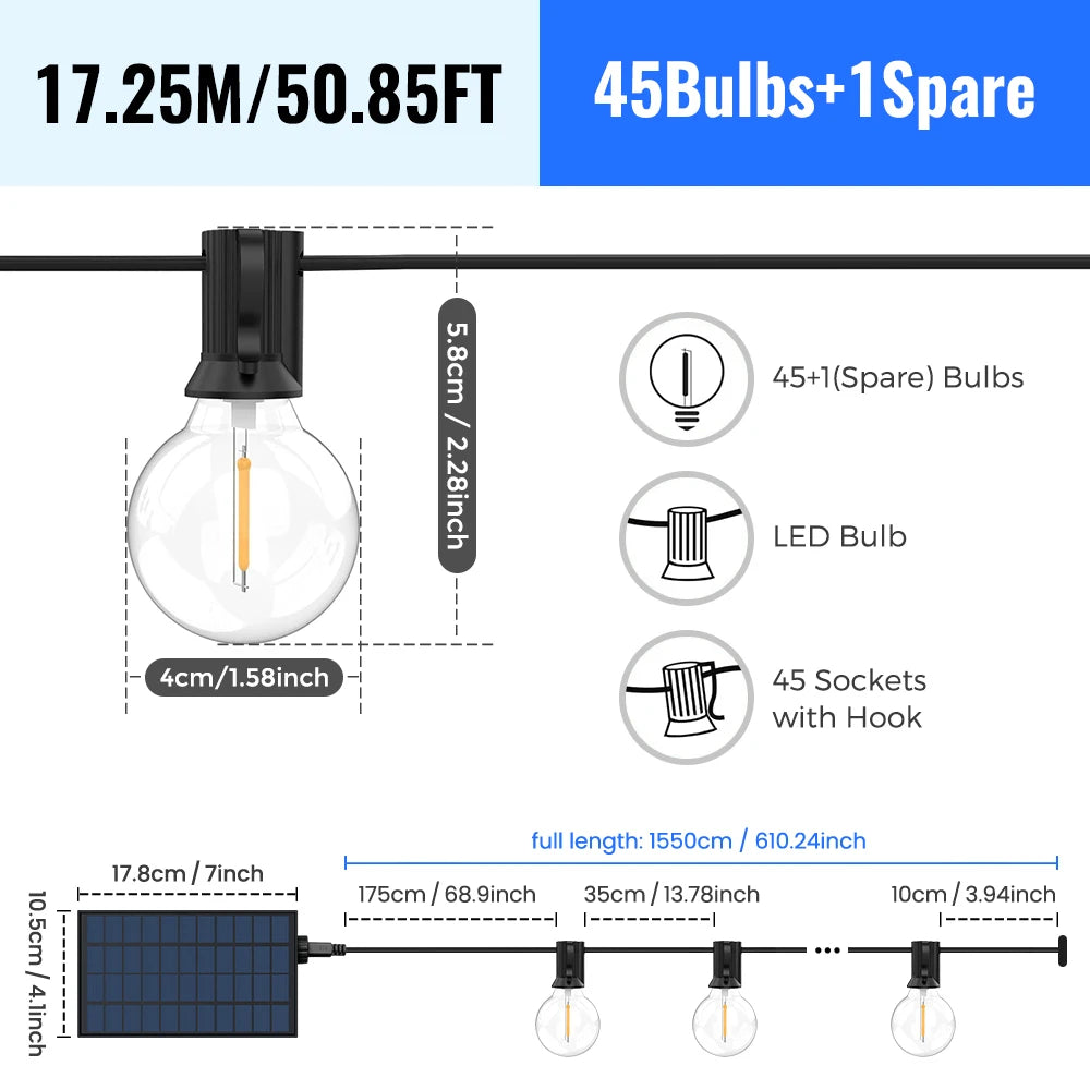 Catena LED solare G40 White con telecomando, 8 modalità, luminosità regolabile