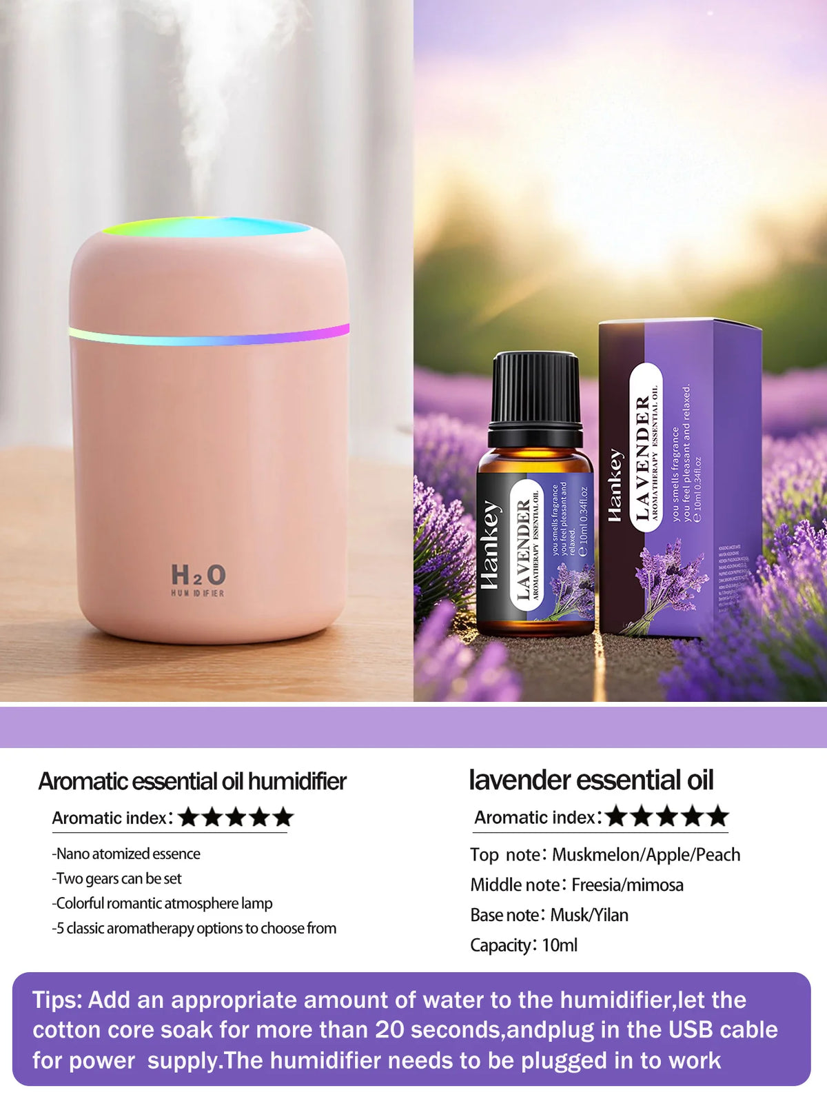 Diffusore Aromaterapico 300ml USB Luce a 7 Colori, Umidificatore per Casa e Auto