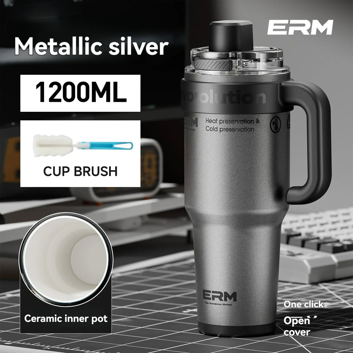 Termos 1,2 L acciaio inox con rivestimento ceramico, cannuccia e manico – 24 h
