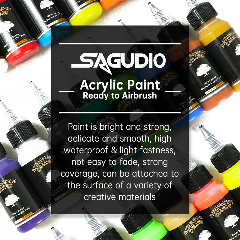 SAGUD Acrylic Airbrush Paint Matte Inks for Model Hobby, Shoes, Leather Easy to Clean Water Based 32 Colors 100ML/Bottle Paint
