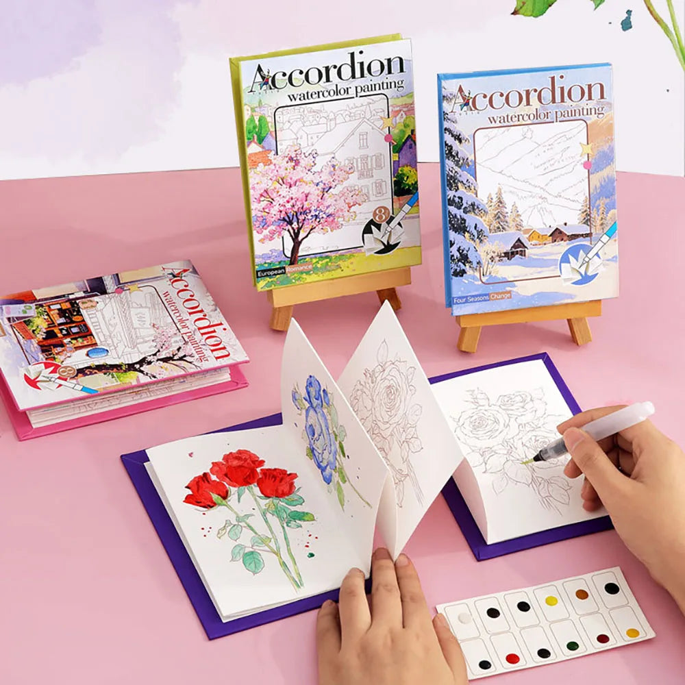Libro Colorazione Acquerelli Pieghevole per Adulti - Set Colori