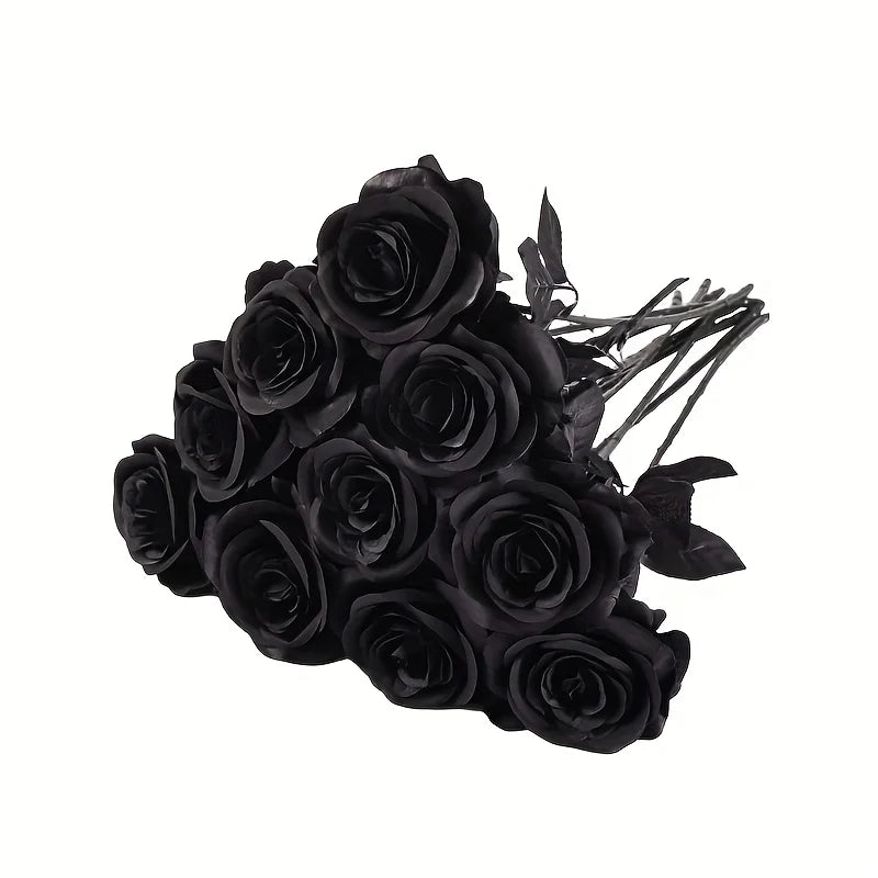 10 Rosa Nere Artificiali Lungho Stelo - Decorazione Halloween, Matrimonio, Casa