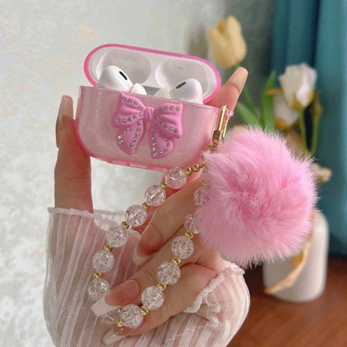 Cover protettivo glitter con fiocco cristallo per AirPods Pro e AirPods