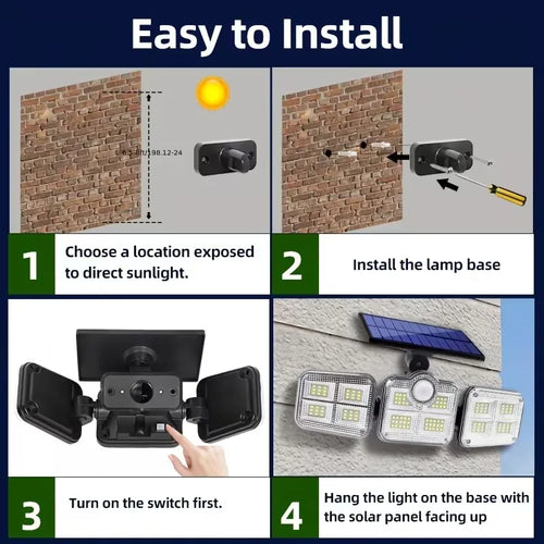 1 PACK Outdoor Motion Sensor Lamp, 4-Head Solar Power Light, 122 LED Solar Light, Flood Lights, 3000 Lumens, 270° Lighting Range
