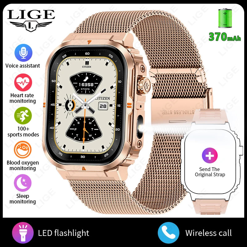 Smartwatch sportivo 2.01\" HD con chiamata, assistente vocale, torcia - IP68