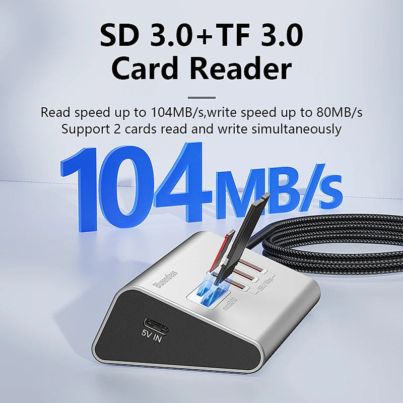 Hub docking USB‑C 10 Gbps 4/10 porte alluminio con lettore SD/TF