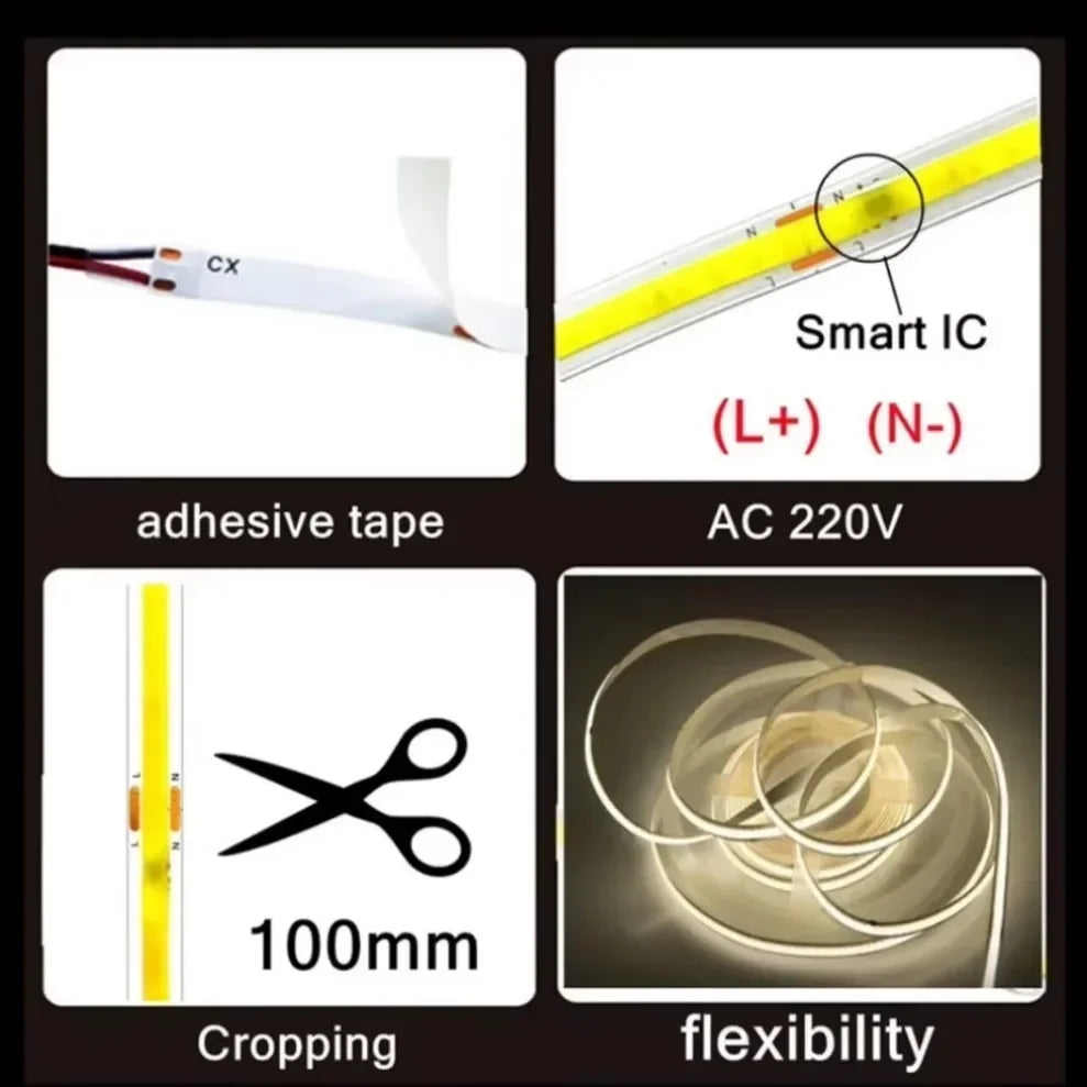 Striscia LED COB 220V 240 LED/m, luce bianca 3000-6000K, flessibile 5m