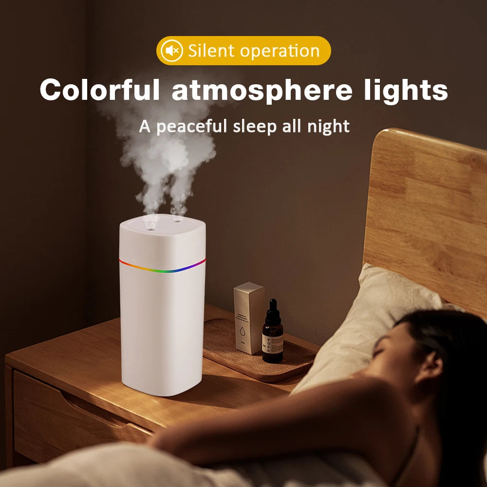 Umidificatore 600 ml doppio spray, luci LED e diffusione oli essenziali