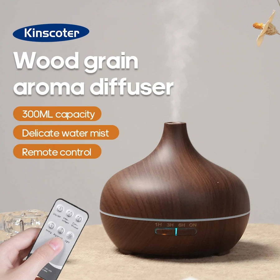 Diffusore ad aromaterapia ultrasuoni 300 ml con design legno, 3 timer e luce USB