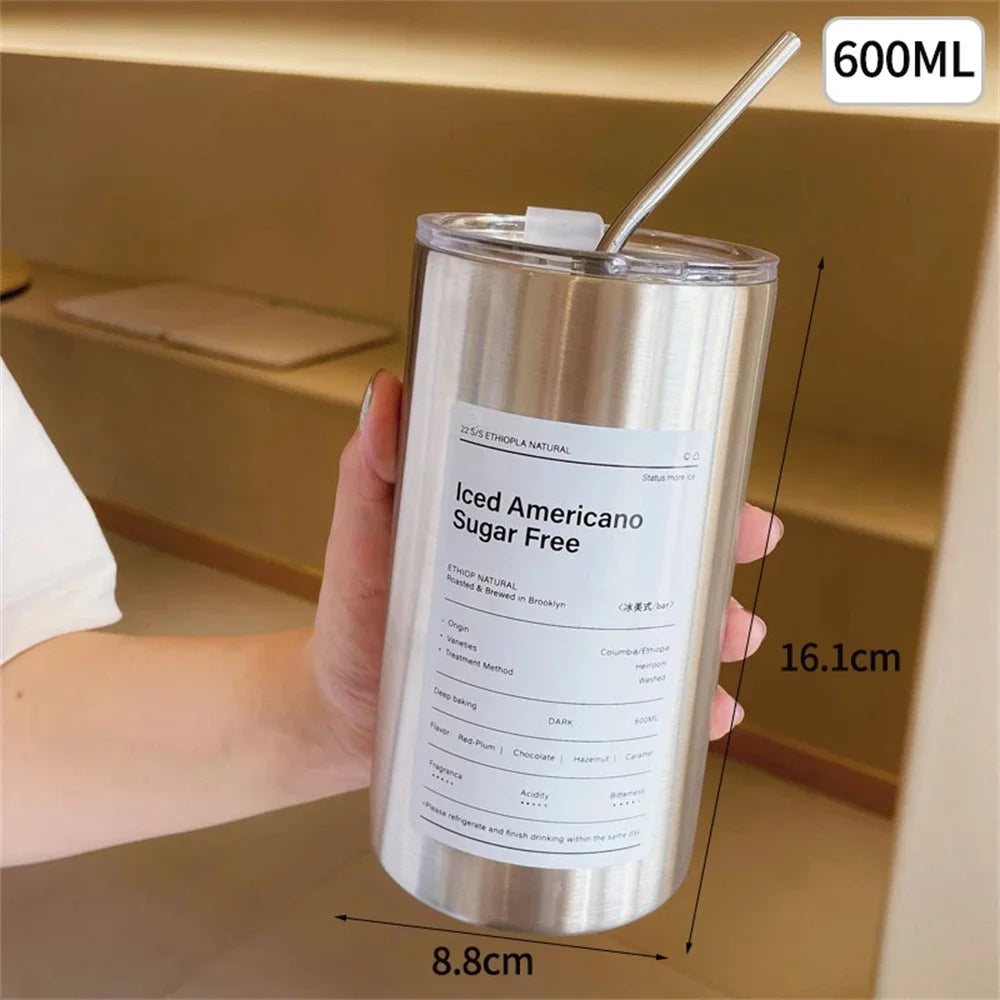 Thermos 600 ml acciaio inox 304, tazza termica con cannuccia, portatile