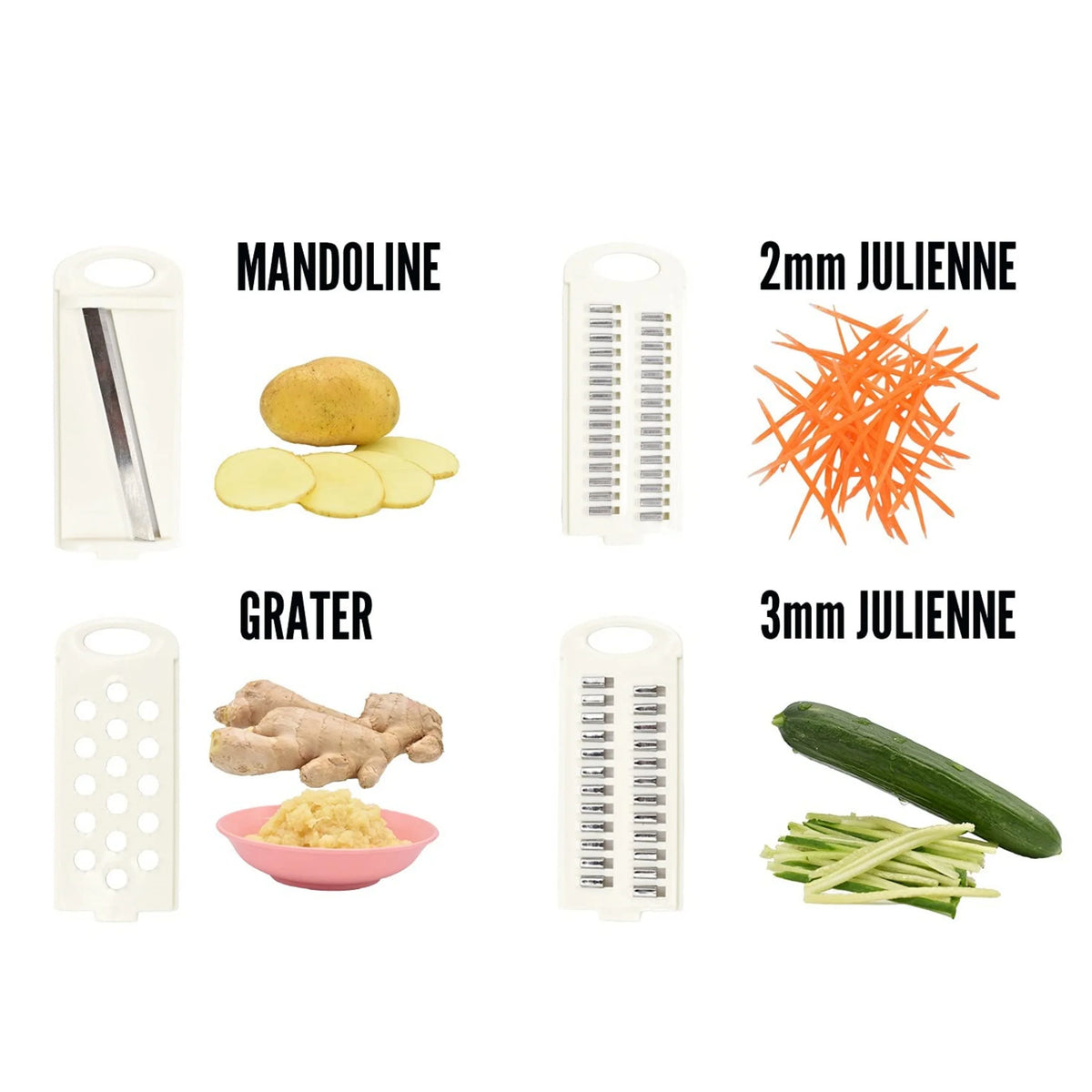 Affettatrice 5-in-1 Manuale per Verdure e Frutta – Taglio Sicuro e Compatto
