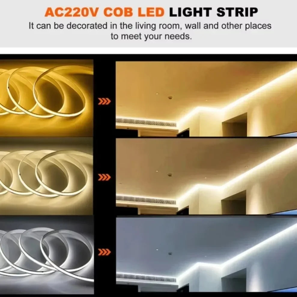 Striscia LED COB 220V 240 LED/m, luce bianca 3000-6000K, flessibile 5m