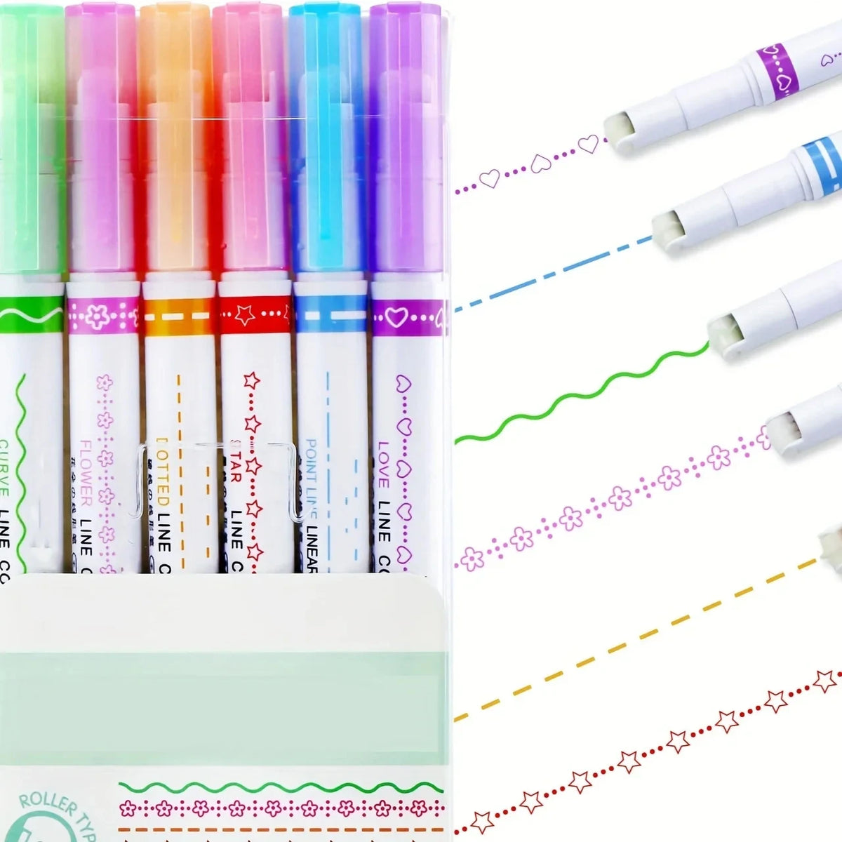 6Pcs/set Kawaii Flowers Line Shaped Highlighter Pens Roller Tip Curve Liner Marker for Writing Journaling Drawing Stationery
