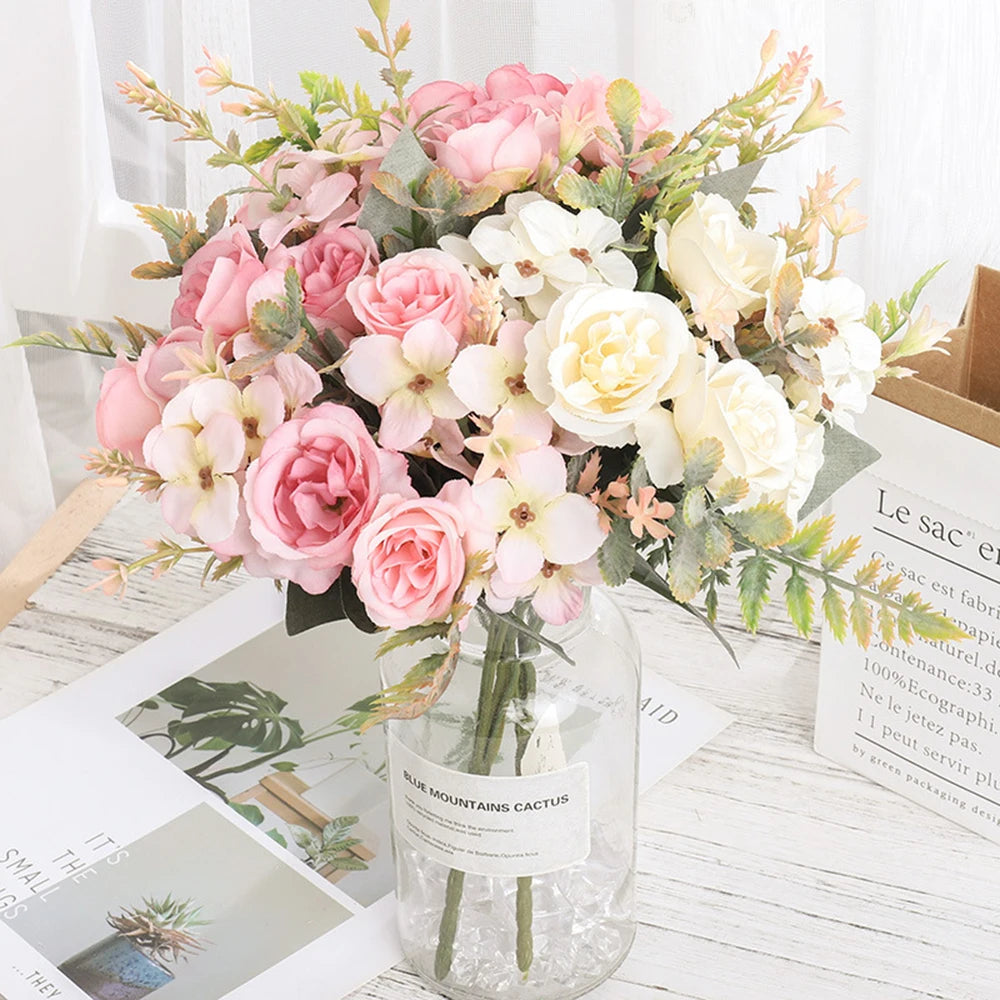 Home Decor Roses Autumn Artificial Flowers Silk Peony Hydrangea Big Bride Bouquet Wedding Home Party DIY Decoration Fake Flowers