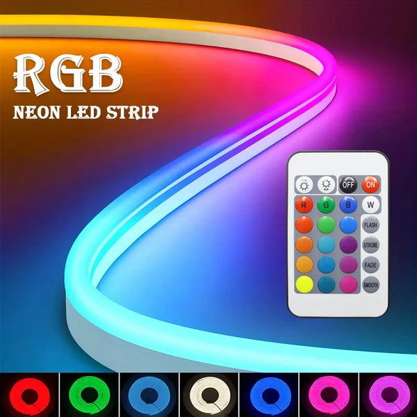 1 roll of low‑voltage 5 V flexible RGB color‑changing neon LED light strip, USB interface, with a 24‑key multifunction controller; can switch colors and adjust brightness, suitable for gaming and electric‑car decoration.