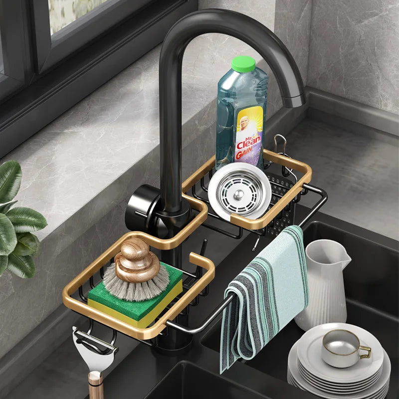 Porta spugna e supporto rubinetto in alluminio per cucina e bagno
