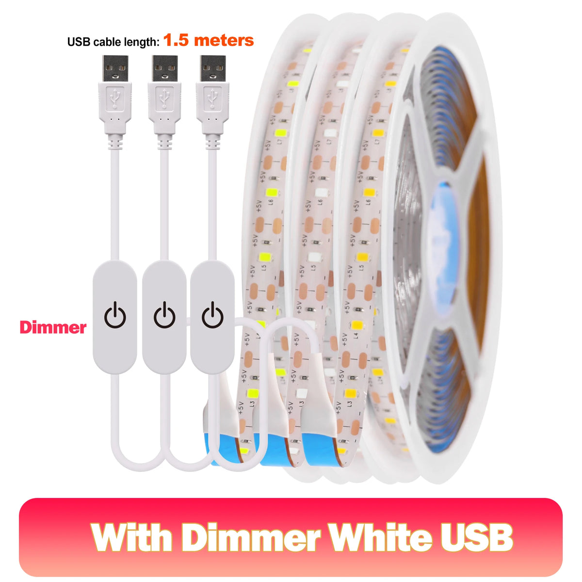 Striscia LED 5V USB 2835, 60 LED/m, luce bianca calda e blu, impermeabile