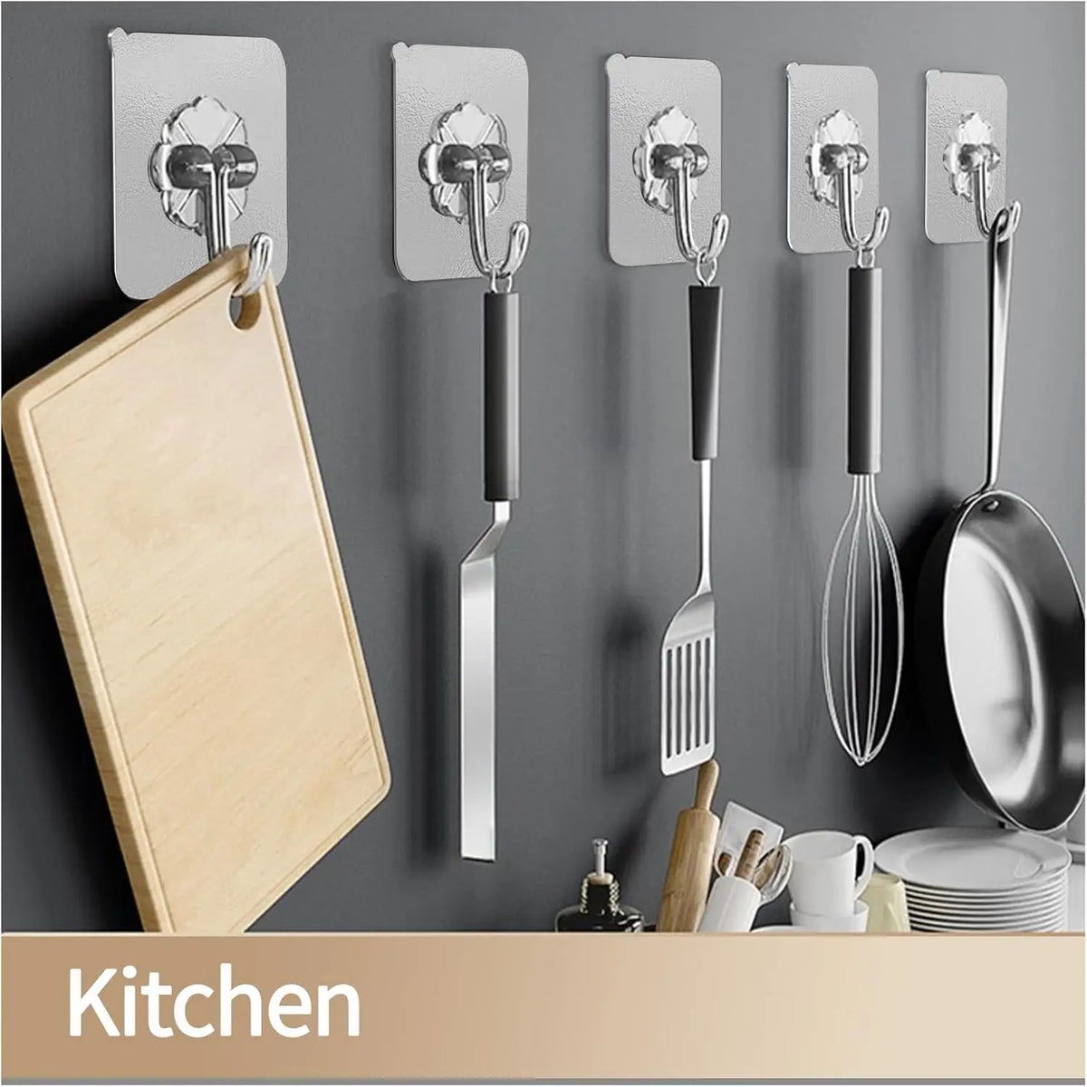 Ganci adesivi trasparenti in acciaio inox per cucina, bagno e porte
