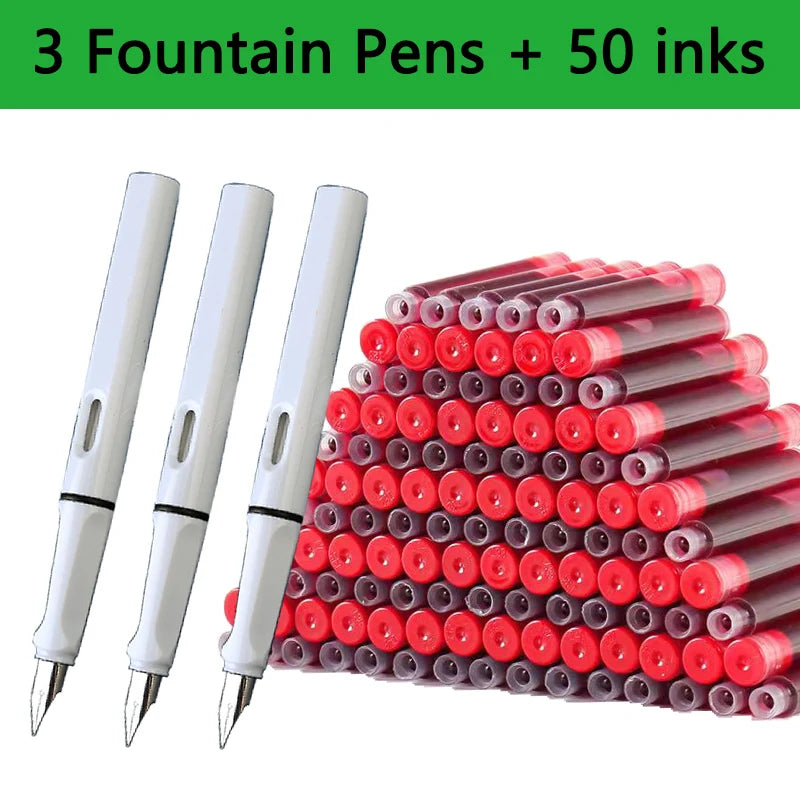 Set 53 penne stilografiche con 50 ricariche in nero, blu e rosso