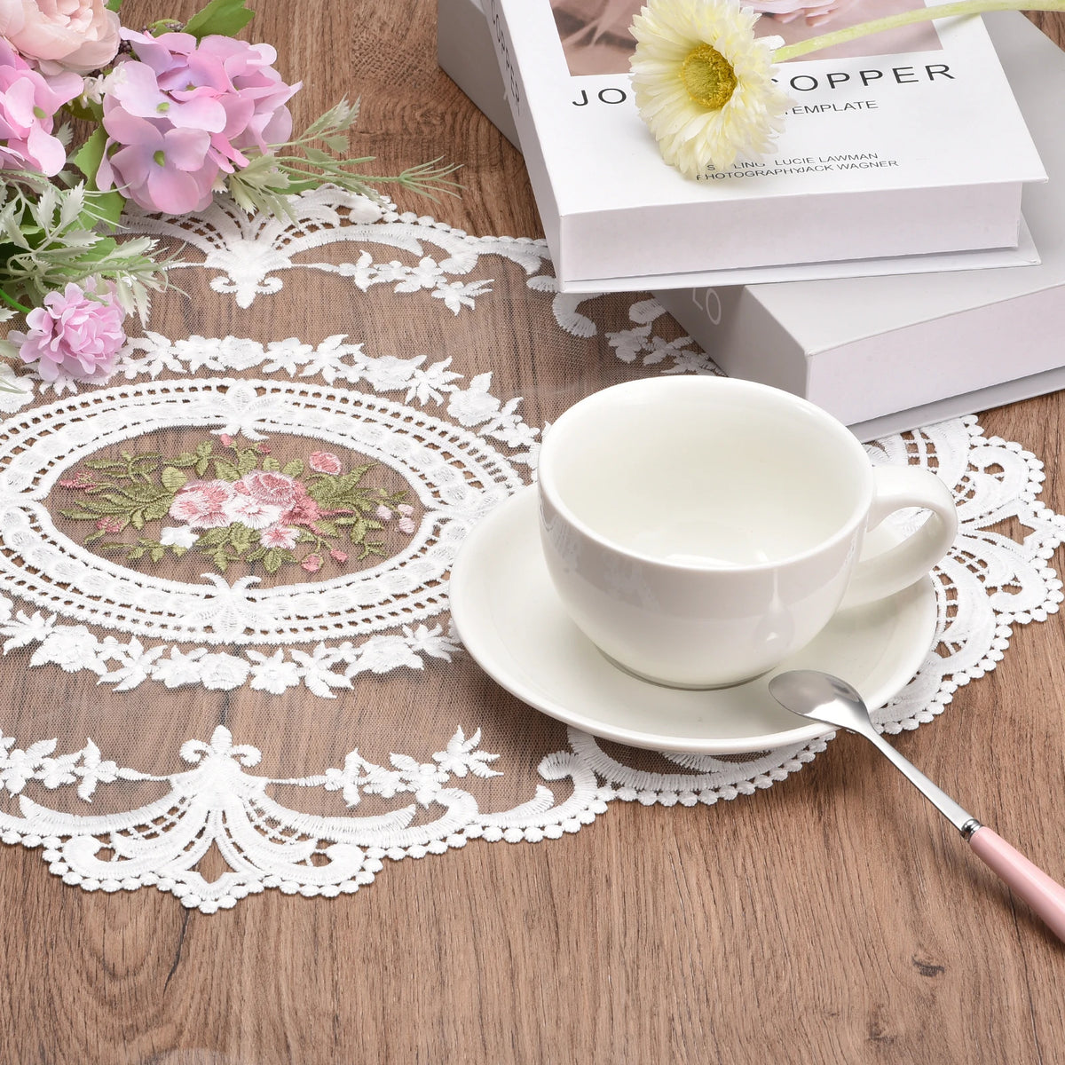 Retro Lace Placemat 12x16-in Oval Embroidered Table Place Mats French Crochet Doilies Coasters Cup Mat for Home Wedding, Black