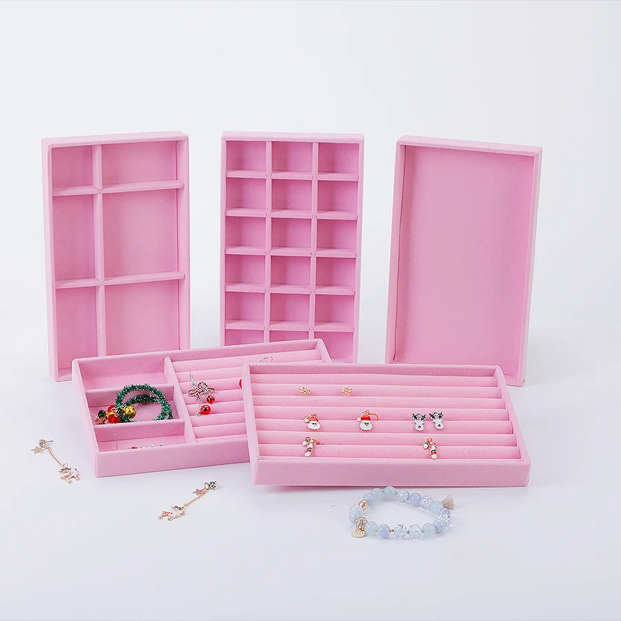 Scatola porta gioielli in velluto rosa – Elegante vassoio con finitura flocking