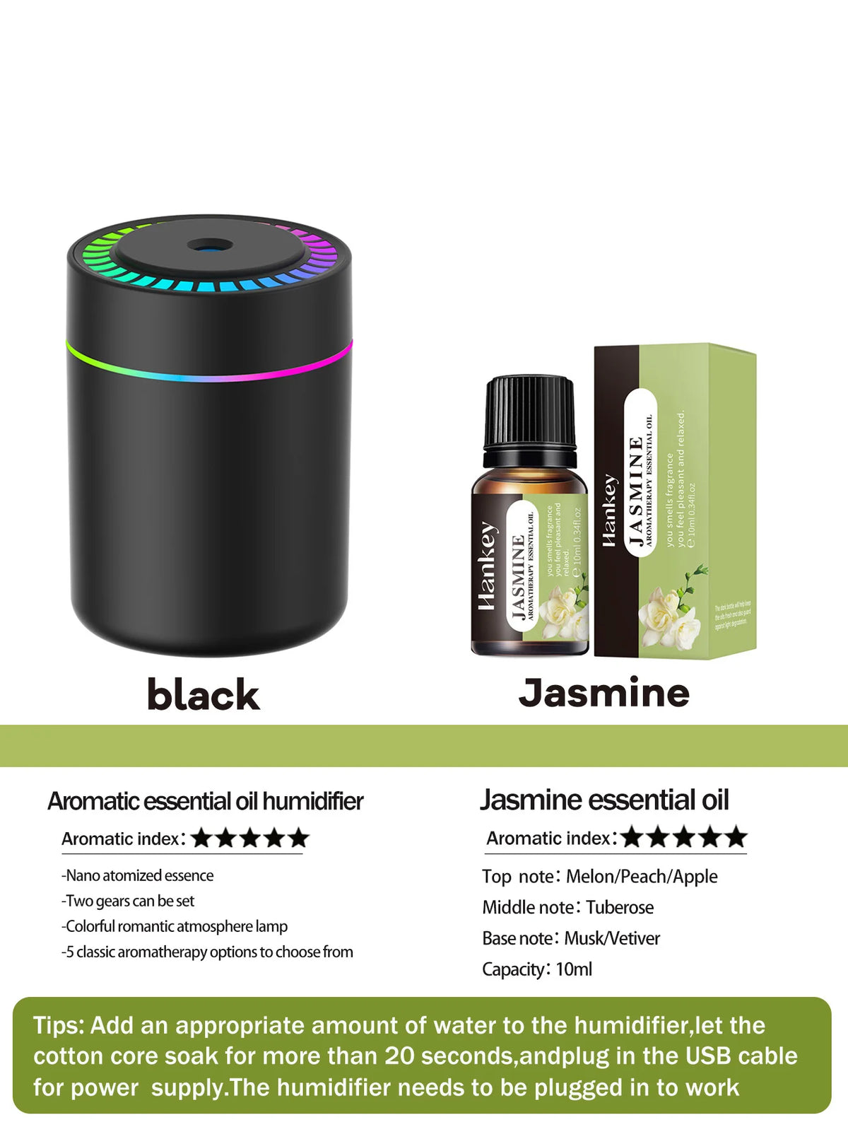 Diffusore Umidificatore 180 ml USB con LED 7 Colori e Aromaterapia