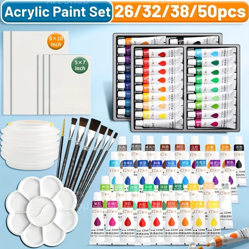 Acrylic Paint Set 50/38/32/26pcs High Quality,12ml/0.41oz with Canvas,Brushes,Palette,Etc,for Beginners,Paper,Glass,Stone,Wood