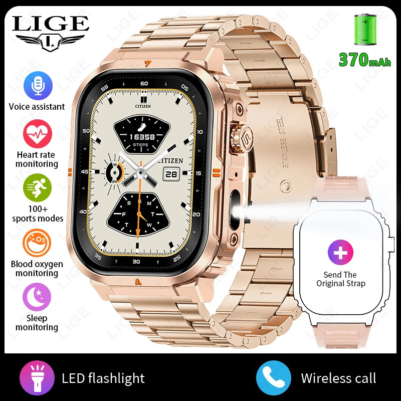 Smartwatch sportivo 2.01\" HD con chiamata, assistente vocale, torcia - IP68