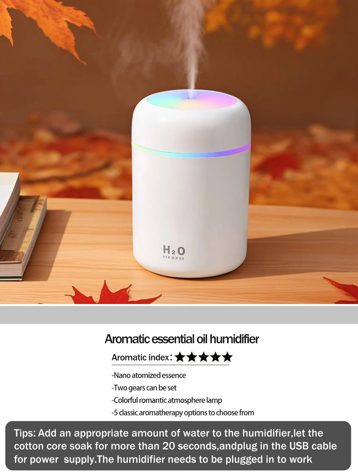 Diffusore Aromaterapico 300ml USB Luce a 7 Colori, Umidificatore per Casa e Auto