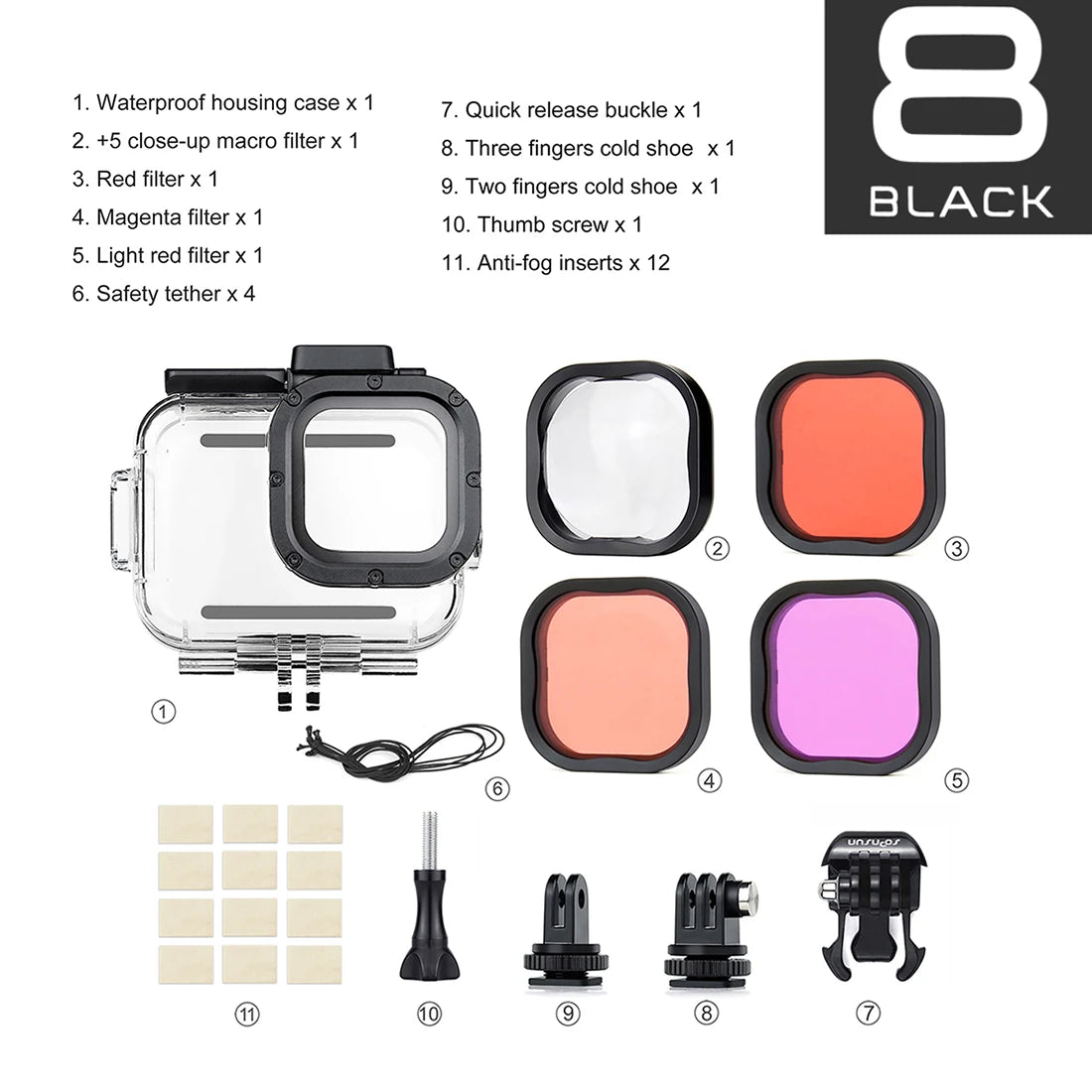 Custodia impermeabile 60 m per GoPro Hero 8 Black con doppio slot cold shoe