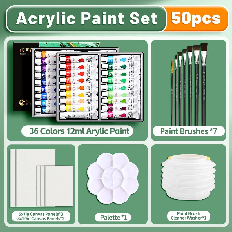 Acrylic Paint Set 50/38/32/26pcs High Quality,12ml/0.41oz with Canvas,Brushes,Palette,Etc,for Beginners,Paper,Glass,Stone,Wood