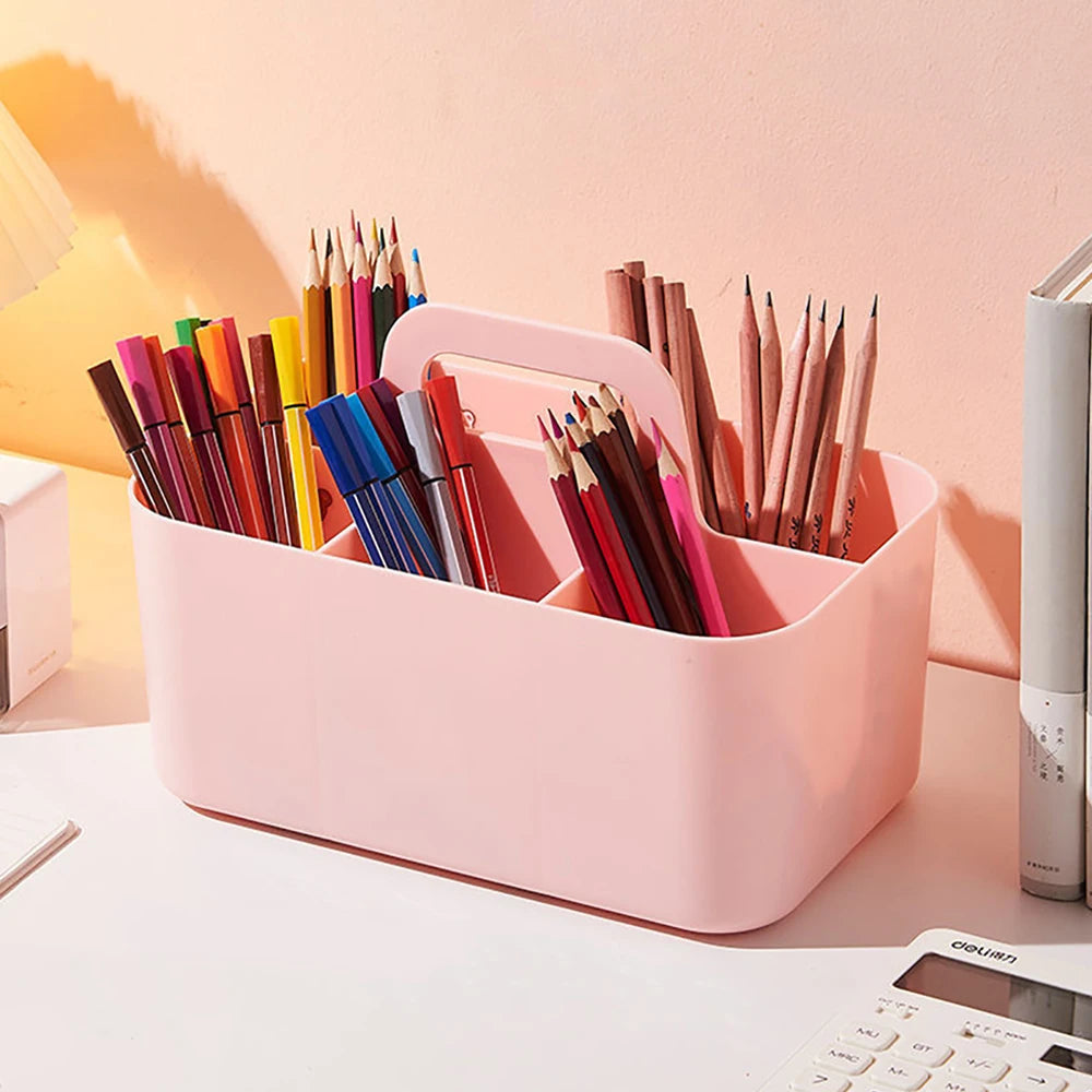 New Desktop Marker Holder Art Supply Storage Box Cosmetic Plastic Storage Basket With Handle  Pencil Pen Stationery Storage Case