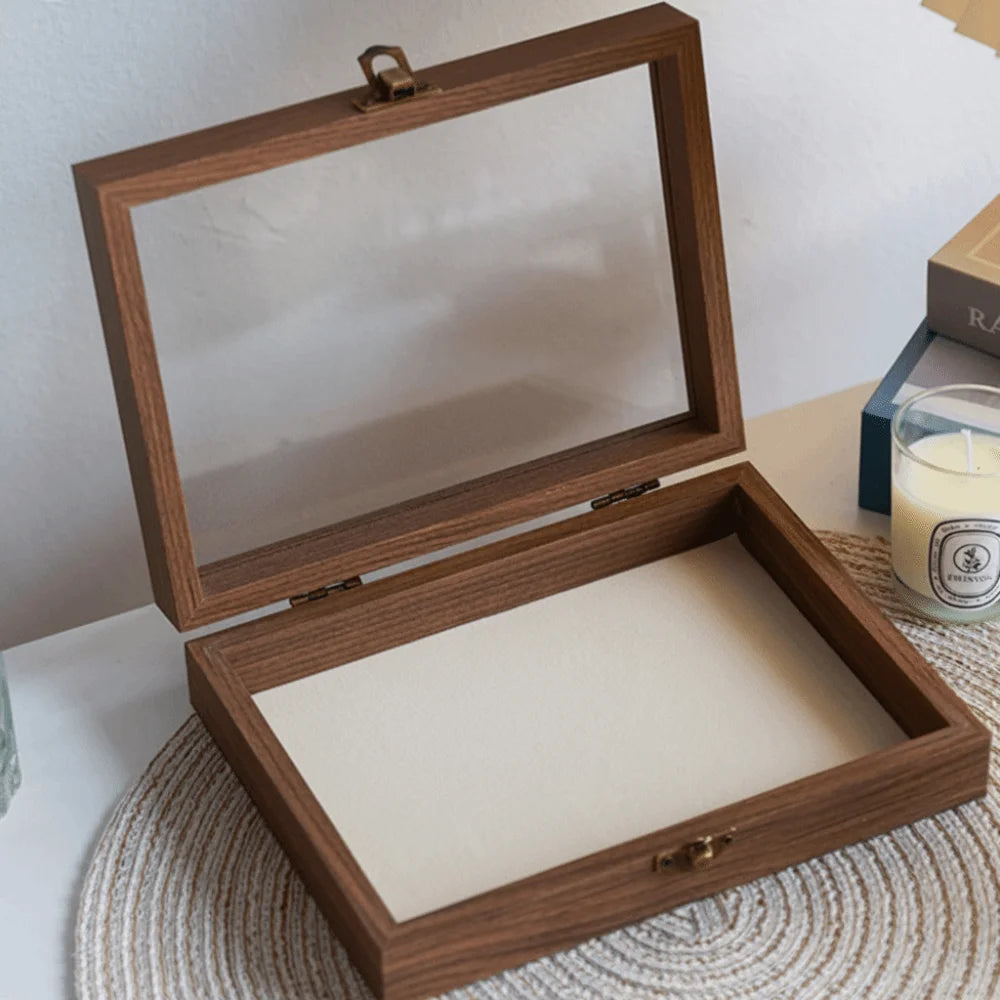 Retro Elegant Wood Jewelry Box Velvet Glass Lid Jewelry Organizer Storage Box Dust-proof Ring Display Holder Home