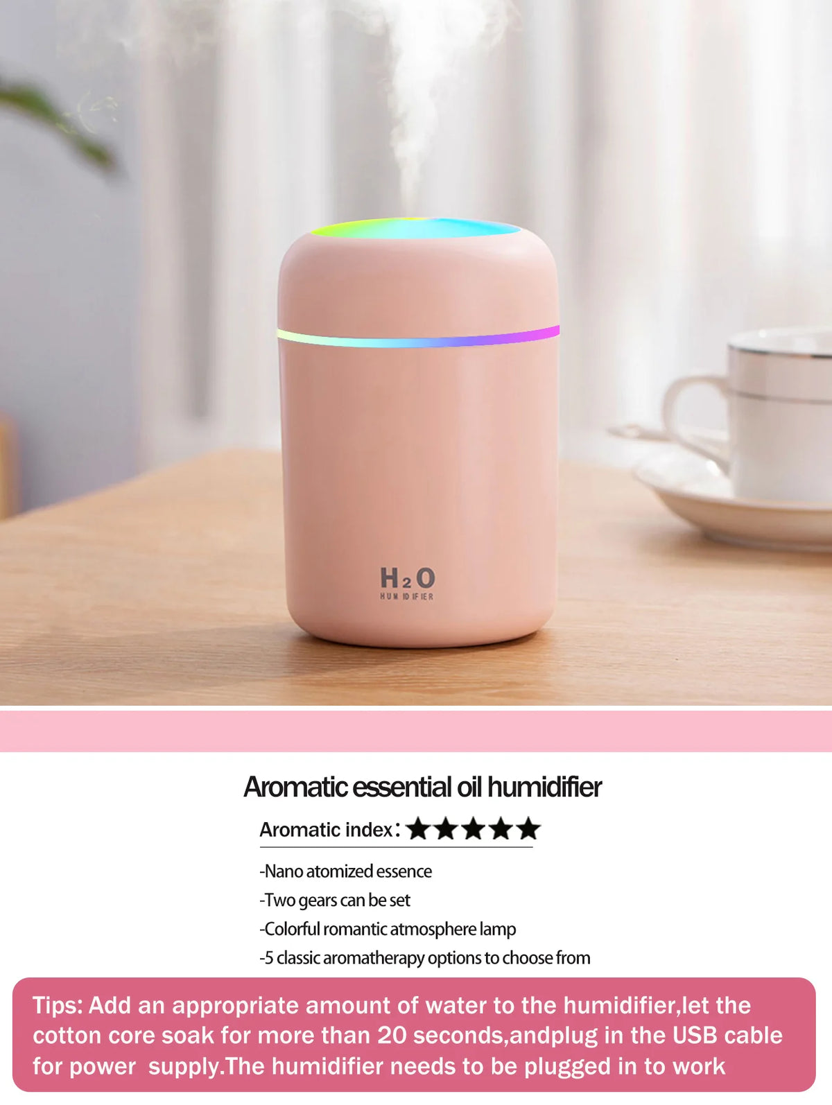 Diffusore Aromaterapico 300ml USB Luce a 7 Colori, Umidificatore per Casa e Auto