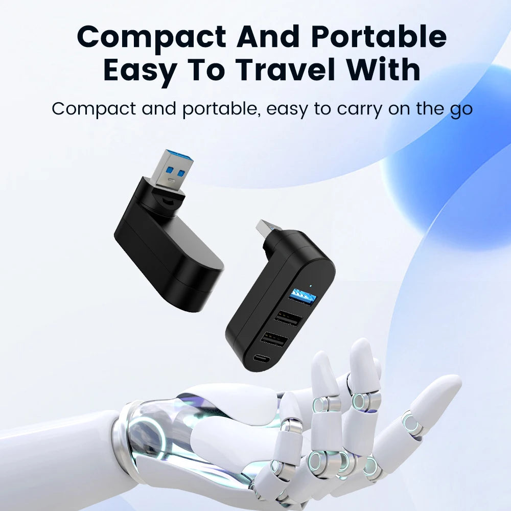 Hub USB 4 porte 180° rotante con Type‑C, USB 3.0 e USB 2.0 – alta velocità