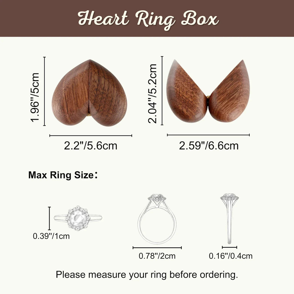 Heart Shaped Ring Box Black Walnut Wood Jewelry Case Engraved Names Date Romantic Gift for Her Girlfriend Wife