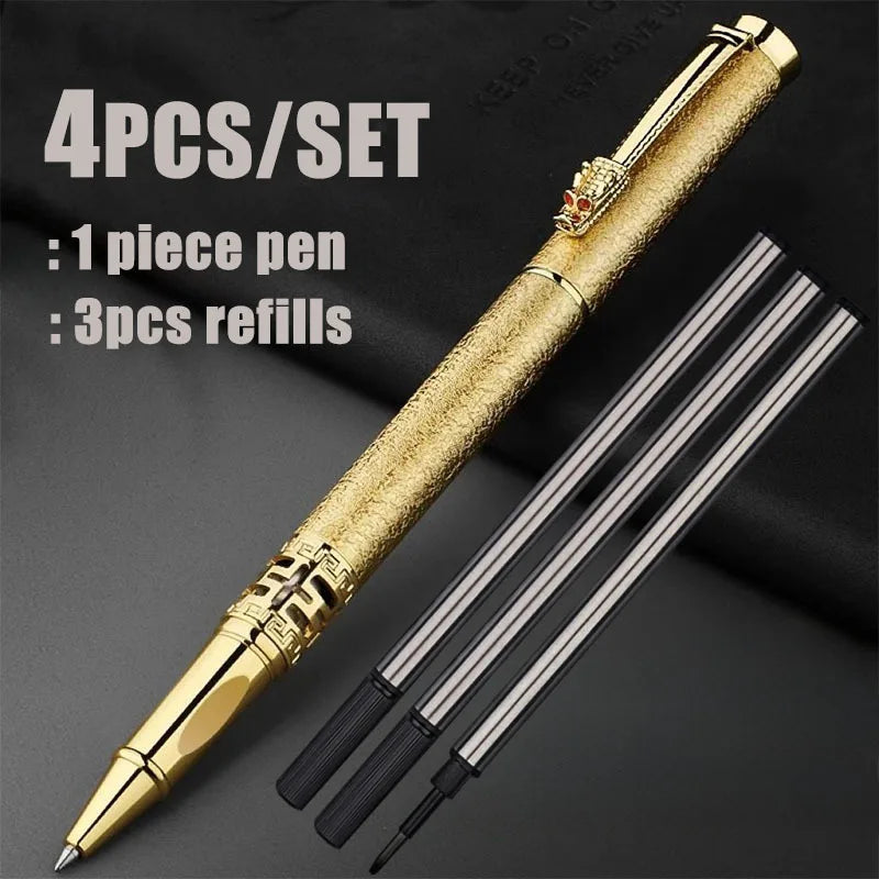 Lot de 4 stylos à bille Tête de Dragon – Or, Argent, Noir, pointe 0,5 mm