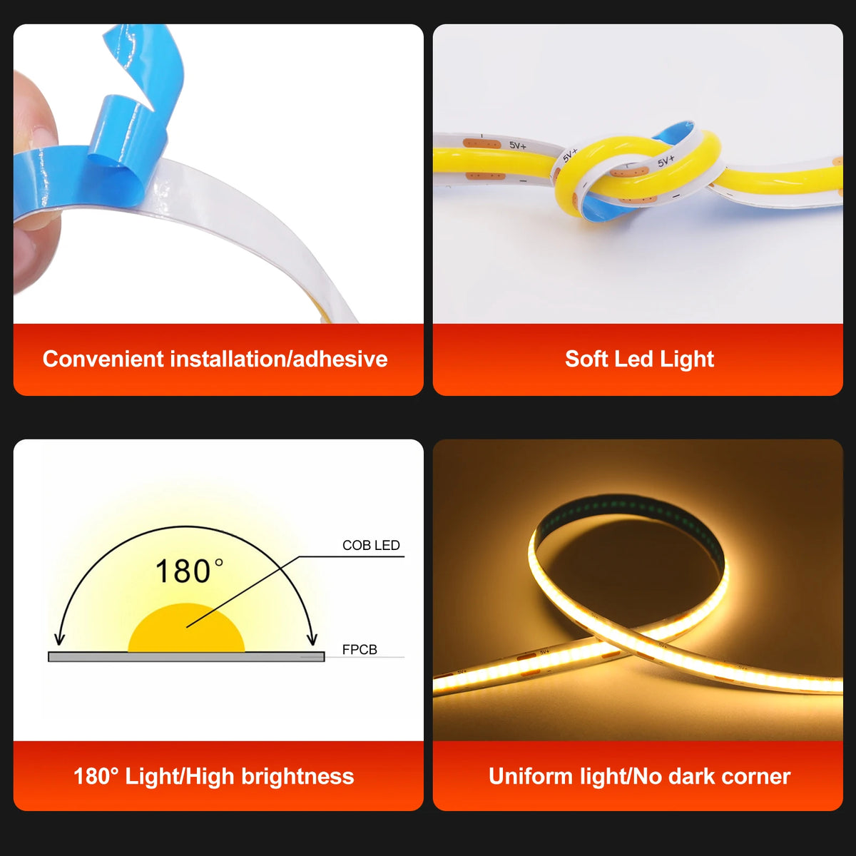 Striscia LED COB 5V 320 LED/m, alimentata da 3 AA, colori 3000‑6000K, 0,5‑5 m