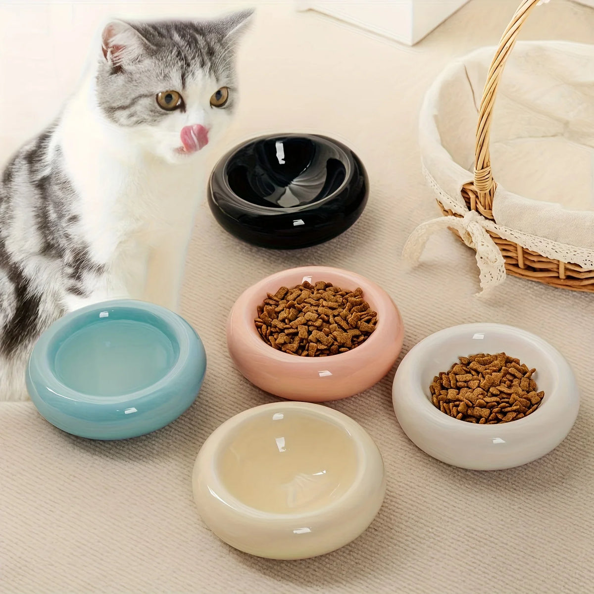 Ciotola in Ceramica a Forma di Ciambella per Gatto – Antiscivolo, Anti-Caduta