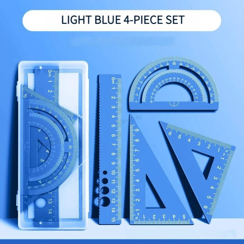 4-in-1 Aluminum Alloy Multifunctional Ruler Set, Triangle & Protractor Combo, Drawing Math Stationery for Students