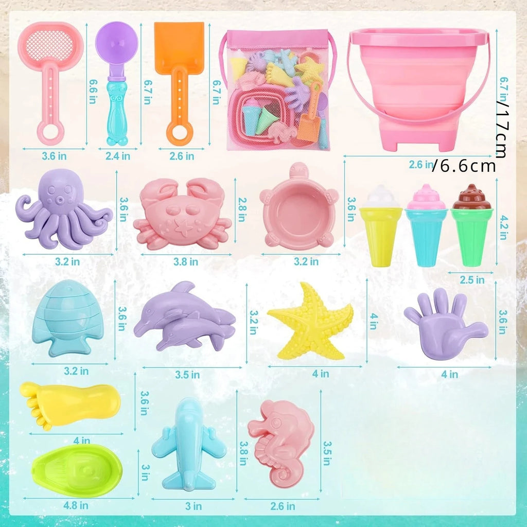 Set Spiaggia 20 Pezzi per Bambini: Secchiello Pieghevole, Palette, Stampo Sabbia