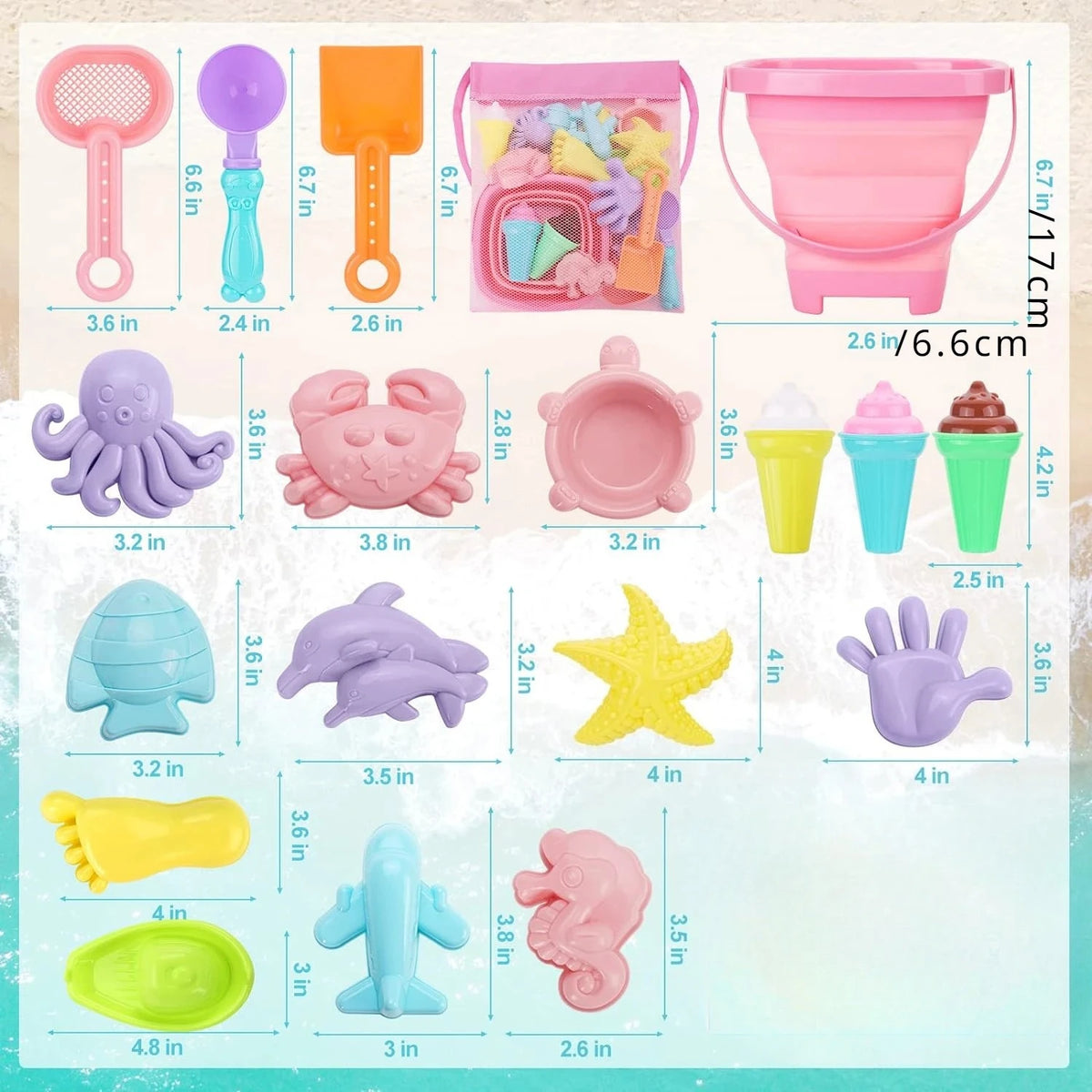 Set Spiaggia 20 Pezzi per Bambini: Secchiello Pieghevole, Palette, Stampo Sabbia