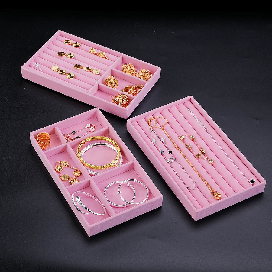 Scatola porta gioielli in velluto rosa – Elegante vassoio con finitura flocking