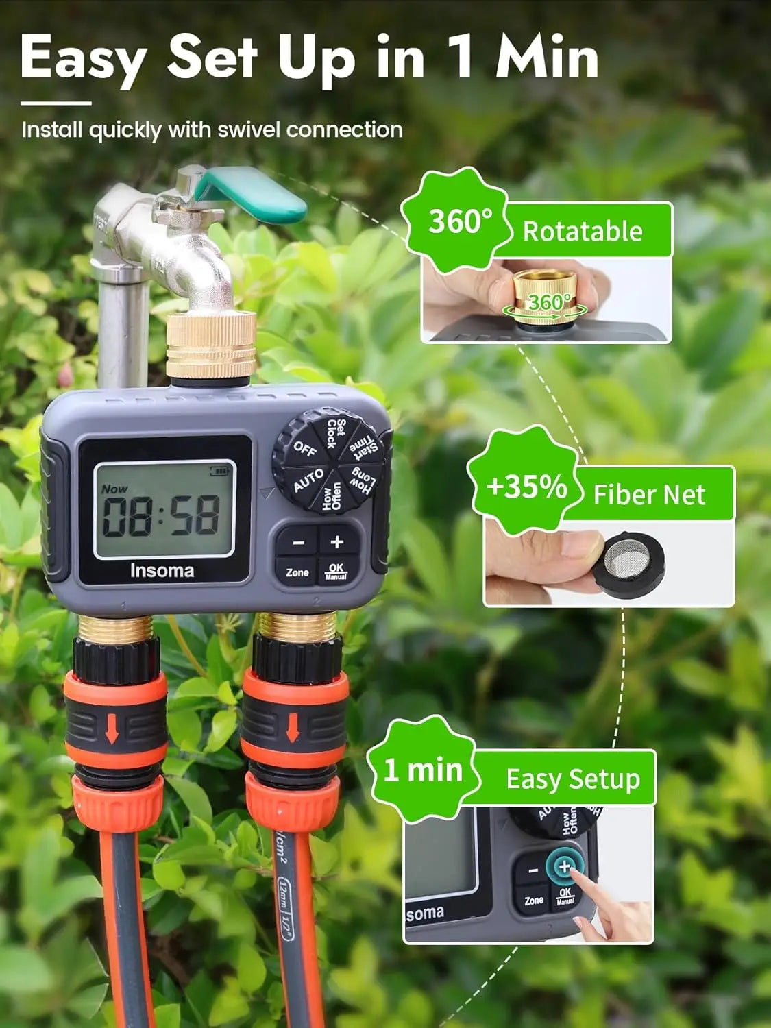 Timer irrigazione smart a doppia uscita per giardino – zone indipendenti