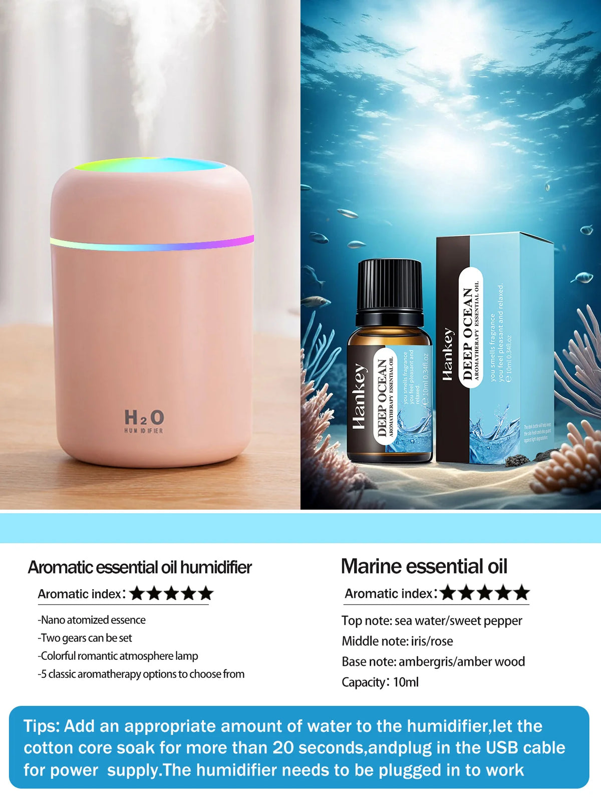 Diffusore Aromaterapico 300ml USB Luce a 7 Colori, Umidificatore per Casa e Auto