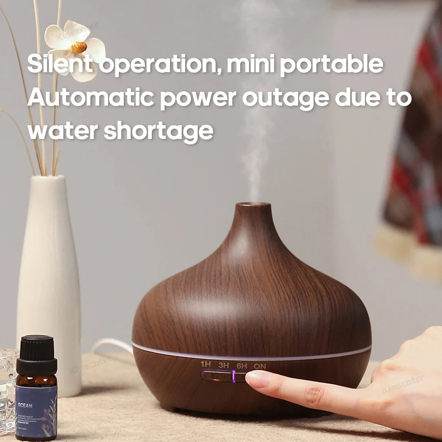 Diffusore ad aromaterapia ultrasuoni 300 ml con design legno, 3 timer e luce USB