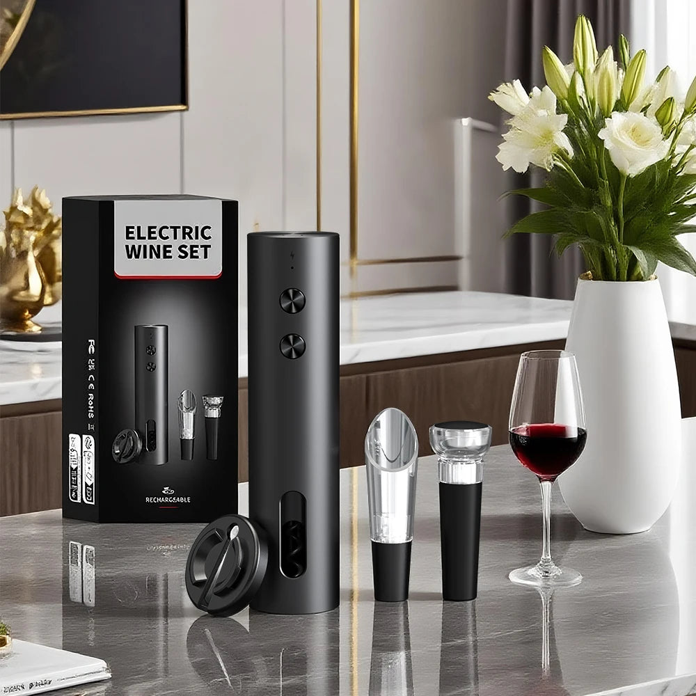 Apribottiglie elettrico 4‑in‑1 ricaricabile USB con fermavino e versatore