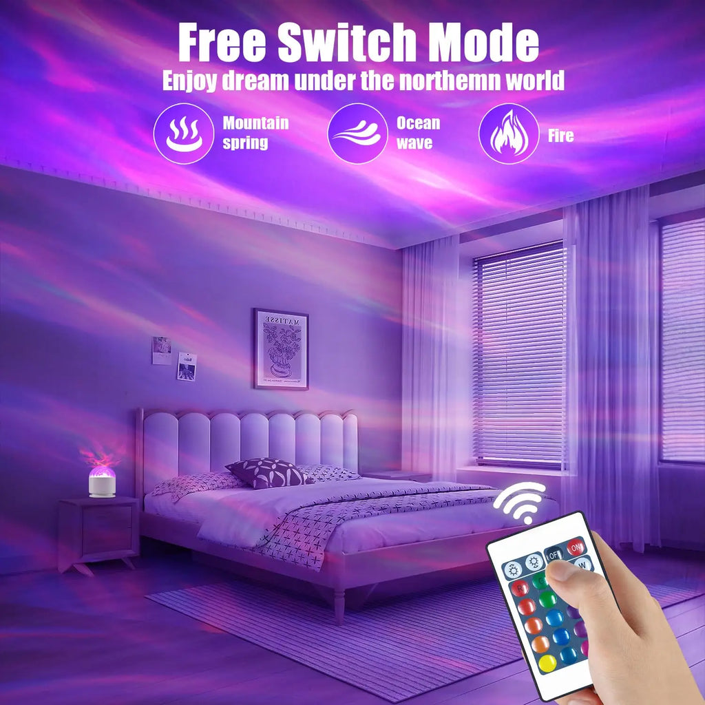 Lampada LED Notturna Aurora e Onde, 16 colori, rotazione 360°, telecomando USB